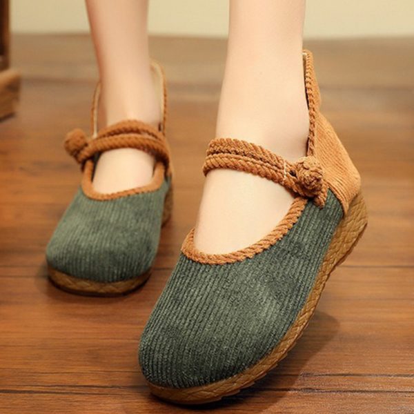 Women Comfy Straw Edged Big Round Toe Buckle Flat Shoes