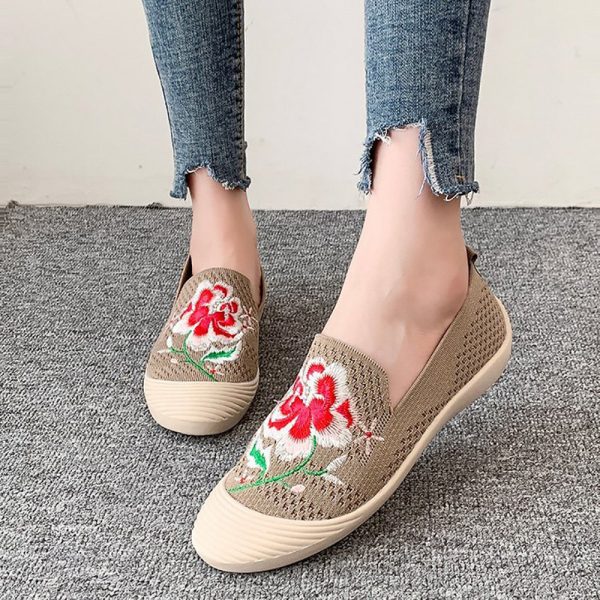 Women Embroidered Mesh Slip On Casual Lazy Flat Shoes