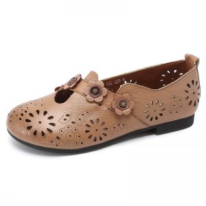 Women Flower Hollow Out Soft Leather Retro Casual Flat Shoes