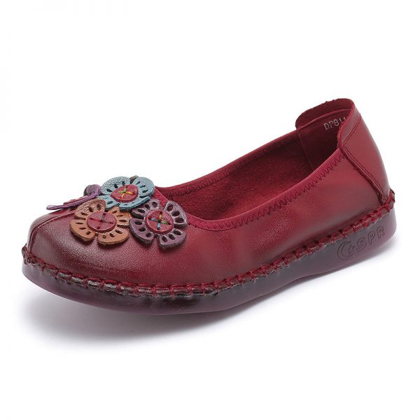 Women Flower Leather Stitching Retro Slip On Soft Sole Casual Flat Shoes