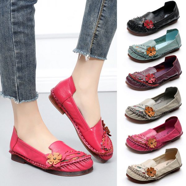 Women Flower Leather Stitching Soft Sole Retro Casual Flat Shoes