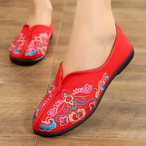 Women Folkways Flowers Embroidery Cotton Cloth Flat Shoes