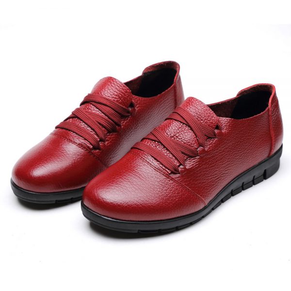 Women Non Slip Genuine Leather Lace Up Round Toe Flat Shoes