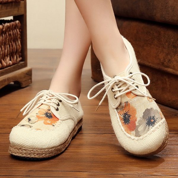 Women Retro Casual Flower Pattern Lace Up Cloth Flat Shoes