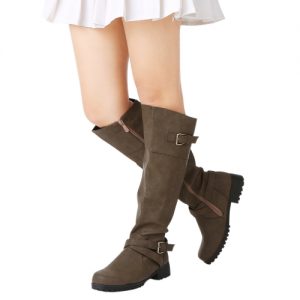 Women Round Toe Mid Calf Boots Female Matte Leather Knight Boot Ms Buckle Square Low Heel Shoes Heeled Footwear