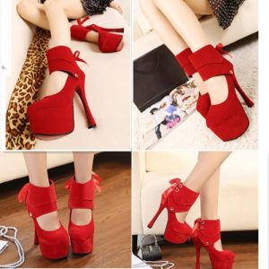 Women Sexy High Heels Platform Sole Ribbon Shoes Pumps Red