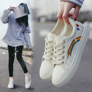 Women Shoes Ladies Rainbow Lace Up Comfy Flat Sneakers