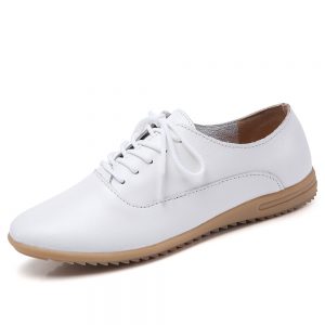 Women Slip Resistant Lace Up Casual Leather White Flat Shoes