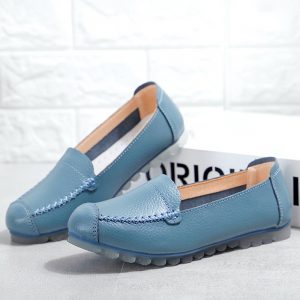 Women Soft Leather Solid Color Slip On Bean Shoes