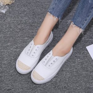 Women Splicing Elastic Band Lazy Slip On White Flat Shoes