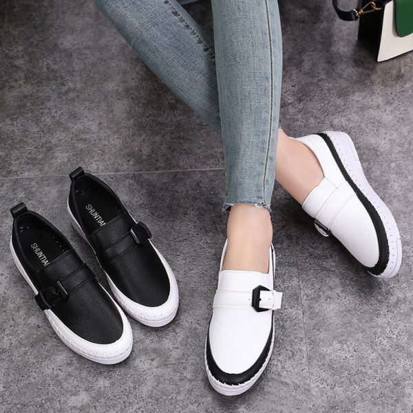 Women Stitching Soft Buckle Decoration Slip On Casual White Flat Shoes