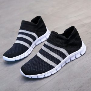 Women Stripe Pattern Mesh Lightweight Slip On Sport Running Shoes