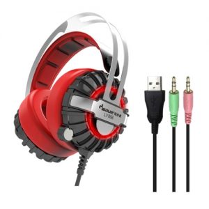 ewave LY806 3.5mm Gaming Headset Over Ear Stereo Game Headphone Noise Cancellation Headband with Mic Volume Control LED Light for Laptop Computer PC Red