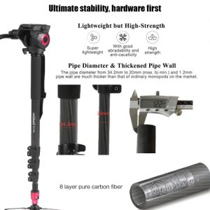 miliboo MTT705B Professional 4 Sections Carbon Fiber Camera Camcorder Monopod with Fluid Head MYT801 Max Height 185cm Max Load 10kg