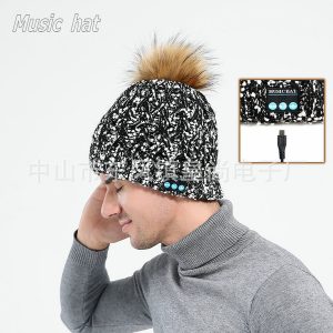 new arrival bluetooth knitted cap with furry mink ball hat cap winter magic hands-music mp3 hat for woman men smartphone warmer