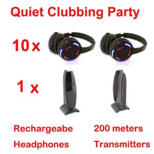 rf silent disco complete system black led wireless headphones - quiet clubbing party bundle (10 headphones + 1 transmitters)