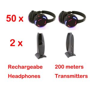 rf wireless headphone with 2 channels and led light for silent disco 50 headphones and 2 transmitter