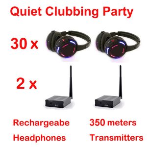 silent disco complete system rf led flashing wireless headphones - quiet clubbing party bundle (30 headphones + 2 transmitters)