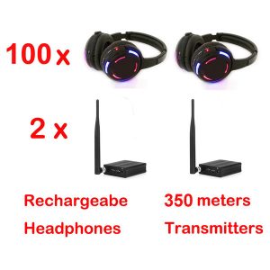 silent disco headphones x 100 with 2 channels bargain wireless system - rf wireless for ipod mp3 dj music