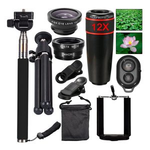 10-in-1 12x/8x zoom telep lens super wide angle-lightweight tripod fish eye wide angle selfie-stick