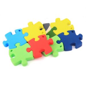 100% Food Grade Silicone Hand Held Irregular Jigsaw Puzzle Autism Awareness Teether Teething Pendant for Necklace Chew Baby Toddler Nursing Jewelry Toy Mom to Wear BPA Free DIY