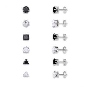 12Pcs Black and White Silver Plated Zircon Geometric Ear Stud Ear Accessories