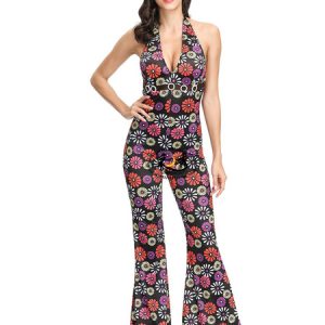 1970s Costume Women Retro Costumes Black Print Jumpsuit Headwear Hippies Halloween Costume