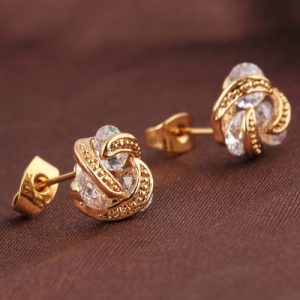 1Pair Clear Crystal Zircon 18K Gold Plated Ear Stud Earring Rotating Leaf Moon Jewelry Gift for Women Lady