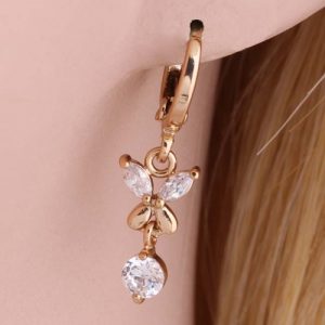 1Pair Clear Crystal Zircon 18K Gold Plated Flower Butterfly Dangle Earrings Drop Pendant Jewelry Gift for Women Lady