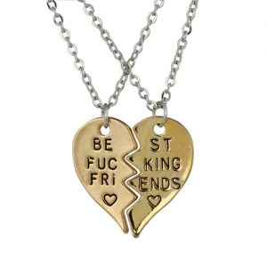 2 Parts BEST FUCKING FRIENDS Broken Heart Pendants Puzzle Friendship Necklaces Set Gift