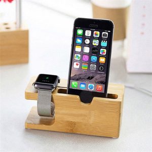 2 in 1 bamboo wood deskstand for iphone phone stand holder charger charging dock station for apple watch