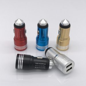 2.1a safety hammer aluminum alloy metal dual usb car charger for mobile phone 2 port usb output fast charging adapter