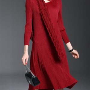 3/4 Sleeve A-line Pleated Solid Elegant Midi Dress