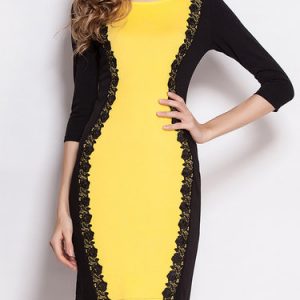 3/4 Sleeve Bodycon Crew Neck Color-block Elegant Midi Dress