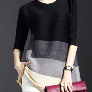 3/4 Sleeve Casual Polyester Color-block Crew Neck Tunic