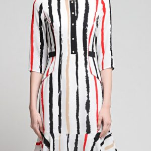 3/4 Sleeve Casual Stripes Printed Flounce Crew Neck Midi Dress