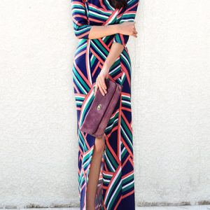 3/4 Sleeve Cotton-blend Geometric Elegant Slit Maxi Dress