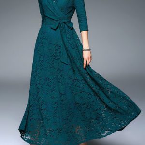 3/4 Sleeve Crocheted Elegant A-line Lace Maxi Dress