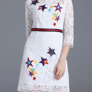 3/4 Sleeve Elegant A-line Lace Embroidered Midi Dress