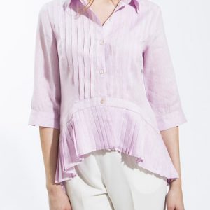 3/4 Sleeve Elegant Linen Pleated Asymmetrical Blouse