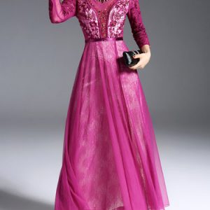 3/4 Sleeve Floral Embroidered Elegant Beaded A-line Maxi Dress