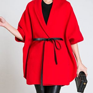 3/4 Sleeve Shift Casual Solid Surplice Neck Coat with Belt