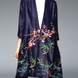 3/4 Sleeve Shift Floral-embroidered Vintage Coat