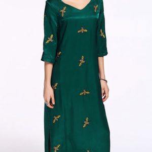 3/4 Sleeve V Neck Embroidered Midi Dress