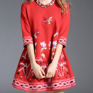 3/4 Sleeve Vintage Beaded A-line Embroidered Mini Dress