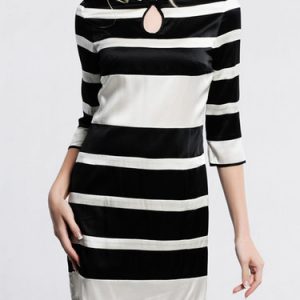 3/4 Sleeve Vintage Keyhole Stripes H-line Mini Dress