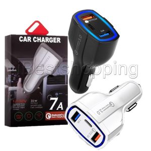 35w 7a 3 ports car charger type c and usb charger qc 3.0 with quick charge 3.0 technology for mobile phone gps power bank tablet pc