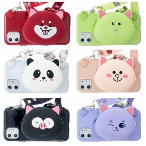 3d cute coin purse wallet soft tpu case for iphone 11 pro max xr xs max x 7 6 5 se cartoon panda pig rabbit cat phone cover +shoulder strap