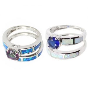 925 Sterling Silver Fashion 2Pcs Stackable Simulated Opal Band Ring Set with CZ Diamond Women Bridal Wedding Engagement Jewelry