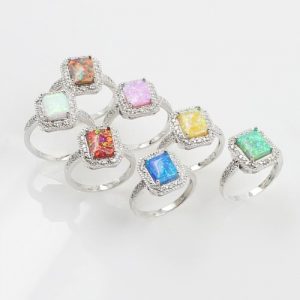 925 Sterling Silver Fashion CZ Diamond Square Cubic Simulated Opal Ring Women Girl Wedding Engagement Jewelry